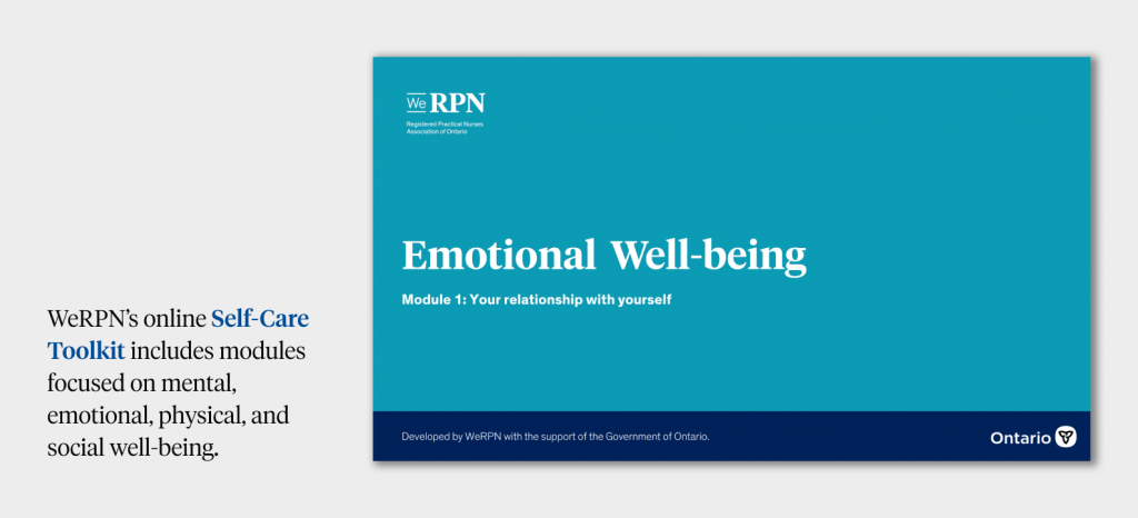 WeRPN’s online Self-Care Toolkit includes modules focused on mental, emotional, physical, and social well-being.