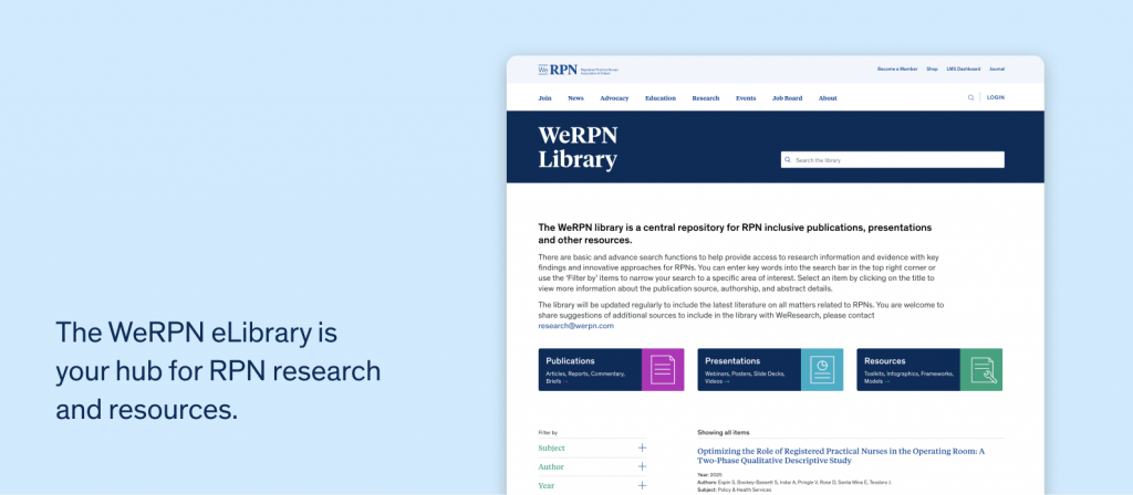 Screenshot of the WeRPN eLibrary webpage with text: ‘The WeRPN eLibrary is your hub for RPN research and resources.’ The site shows sections for publications, presentations, and resources.